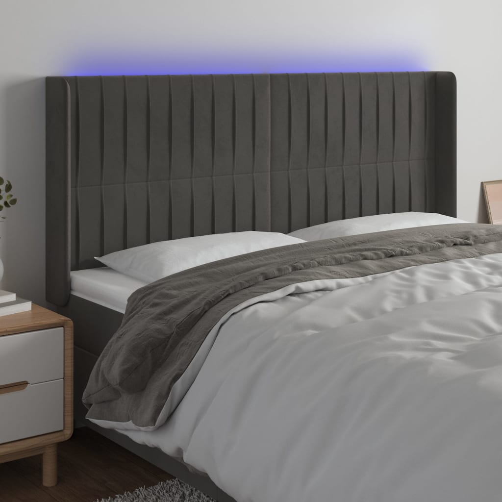 Hoofdbord LED 203x16x118/128 cm fluweel donkergrijs is nu te koop bij PeponiXL, paradijselijk wonen!