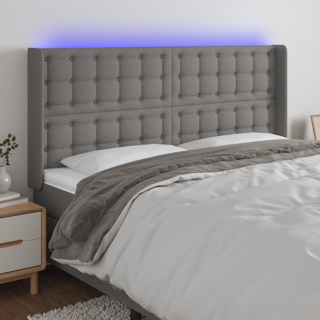 Hoofdbord LED 203x16x118/128 cm stof donkergrijs is nu te koop bij PeponiXL, paradijselijk wonen!