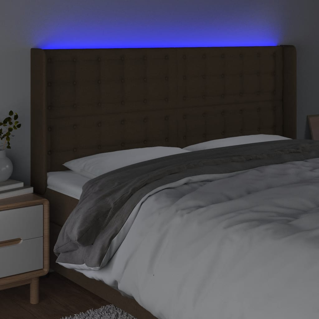 Hoofdbord LED 203x16x118/128 cm stof donkerbruin is nu te koop bij PeponiXL, paradijselijk wonen!