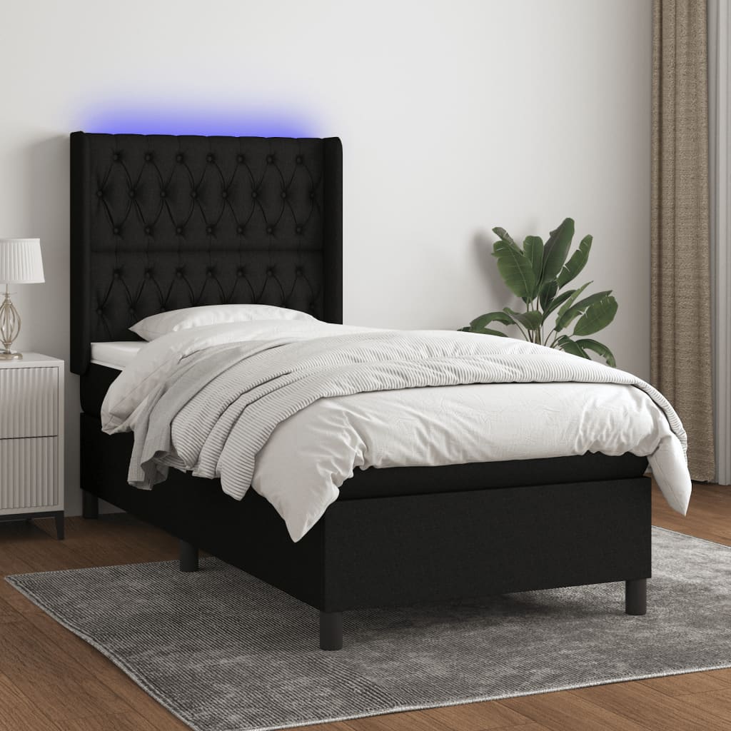 Boxspring met matras en LED stof zwart 90x190 cm is nu te koop bij PeponiXL, paradijselijk wonen!
