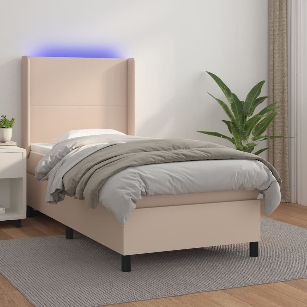 Boxspring met matras en LED kunstleer cappuccinokleur 90x200 cm is nu te koop bij PeponiXL, paradijselijk wonen!