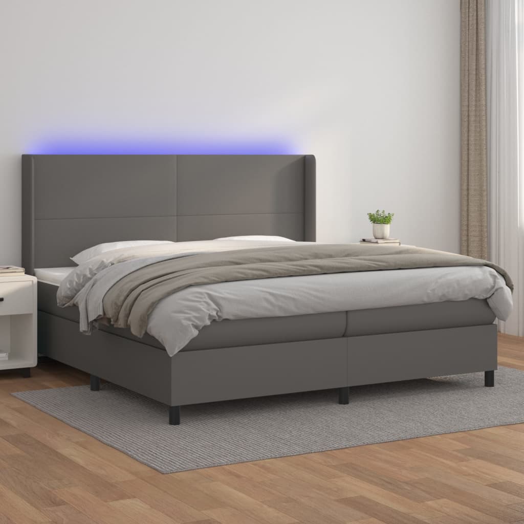 Boxspring met matras en LED kunstleer grijs 200x200 cm is nu te koop bij PeponiXL, paradijselijk wonen!