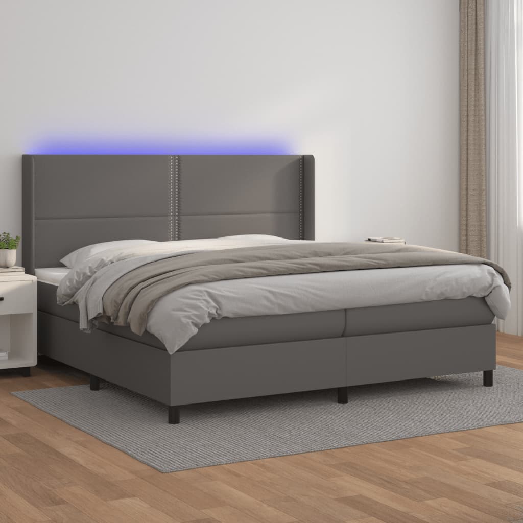 Boxspring met matras en LED kunstleer grijs 200x200 cm is nu te koop bij PeponiXL, paradijselijk wonen!