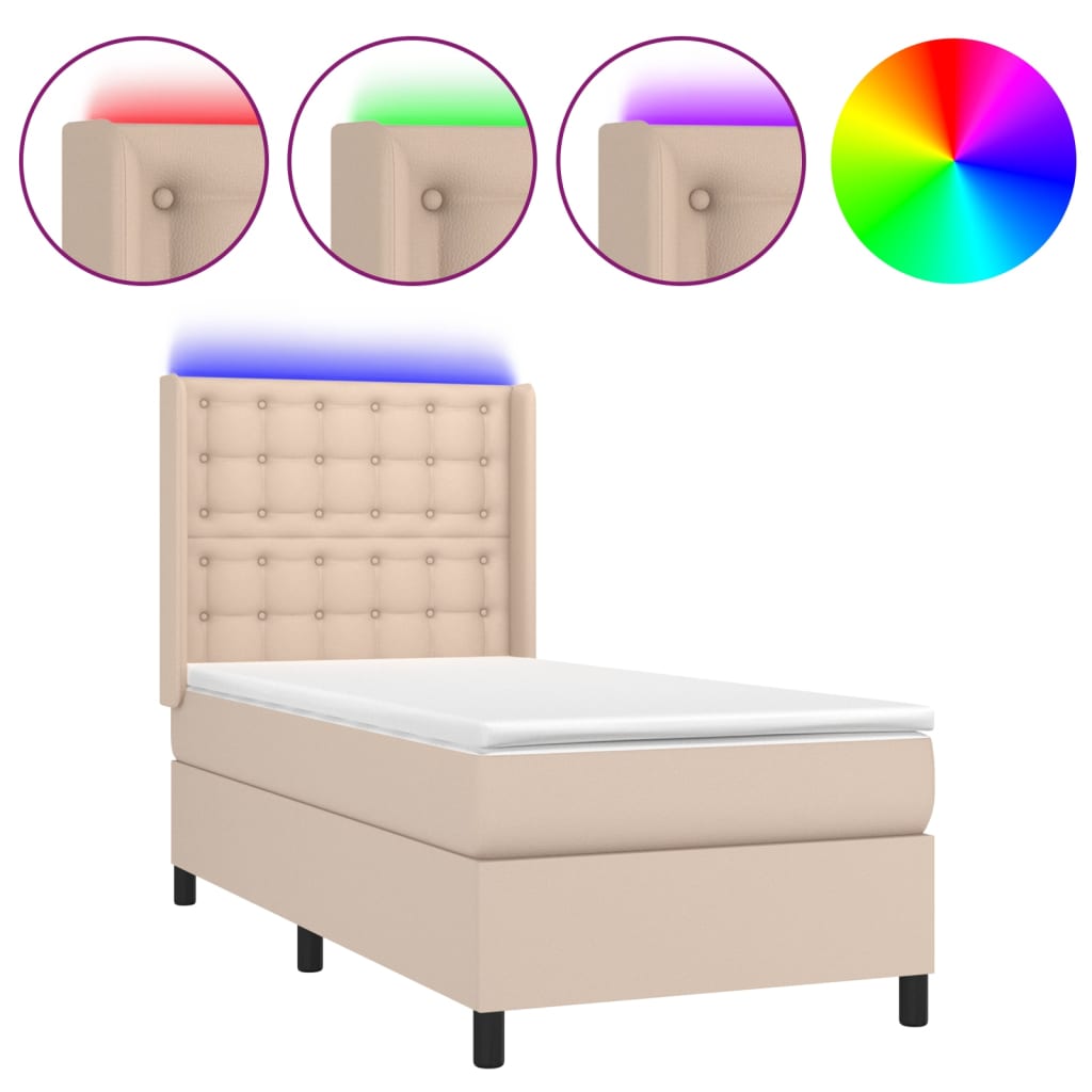 Boxspring met matras en LED kunstleer cappuccinokleur 90x200 cm is nu te koop bij PeponiXL, paradijselijk wonen!