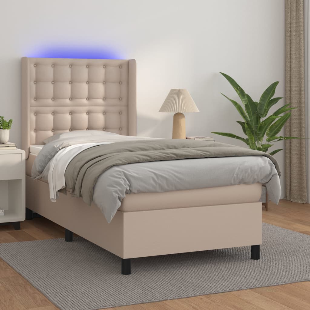 Boxspring met matras en LED kunstleer cappuccinokleur 90x200 cm is nu te koop bij PeponiXL, paradijselijk wonen!
