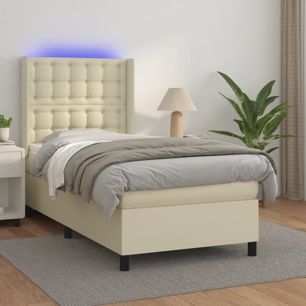 Boxspring met matras en LED kunstleer crèmekleurig 100x200 cm is nu te koop bij PeponiXL, paradijselijk wonen!