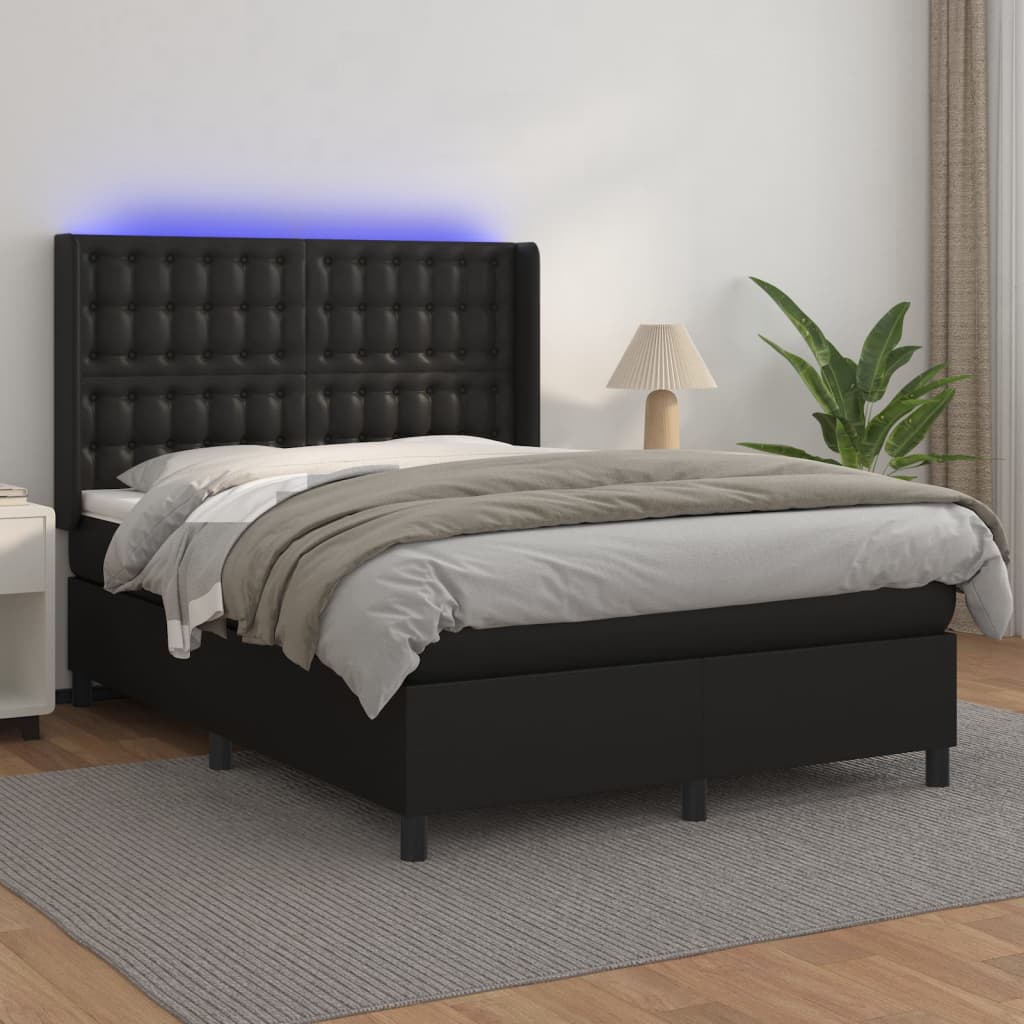 Boxspring met matras en LED kunstleer zwart 140x200 cm is nu te koop bij PeponiXL, paradijselijk wonen!