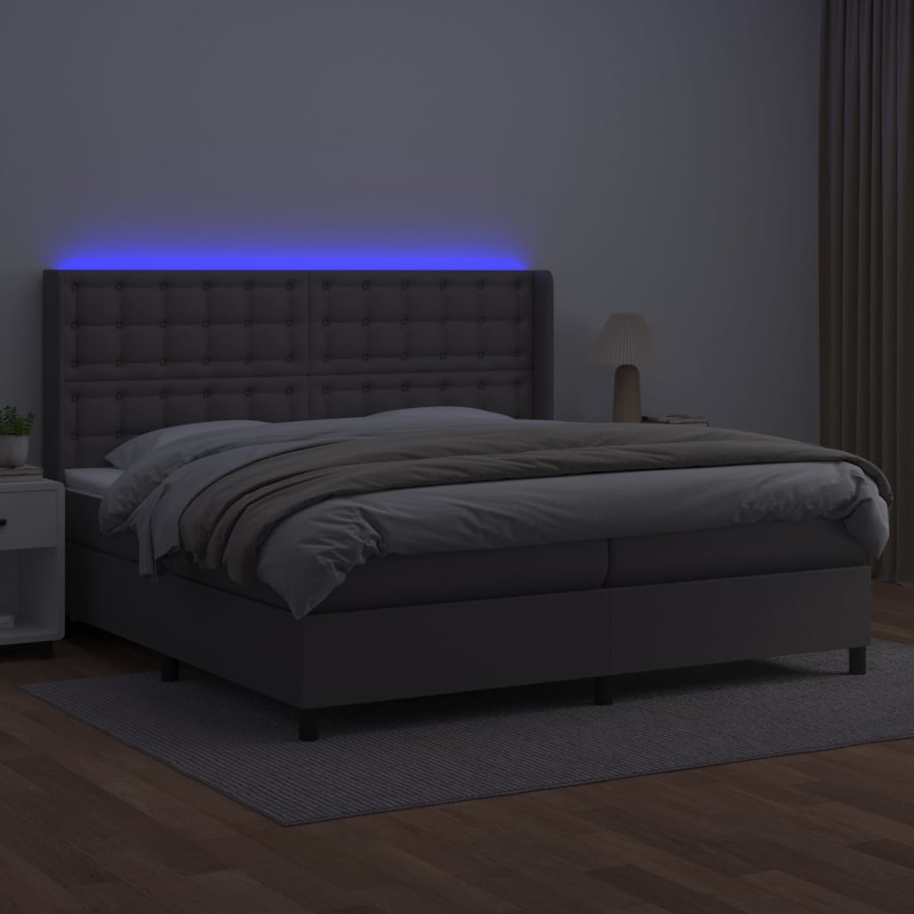 Boxspring met matras en LED kunstleer grijs 200x200 cm is nu te koop bij PeponiXL, paradijselijk wonen!