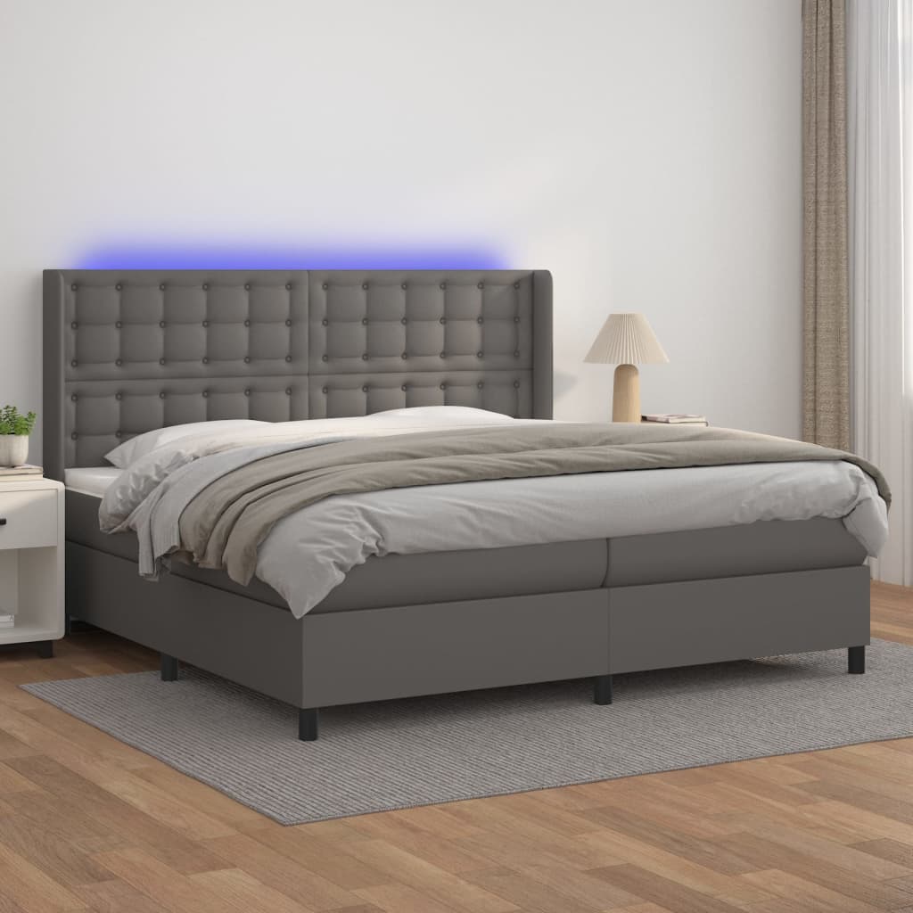 Boxspring met matras en LED kunstleer grijs 200x200 cm is nu te koop bij PeponiXL, paradijselijk wonen!