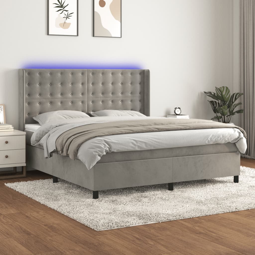Boxspring met matras en LED fluweel lichtgrijs 160x200 cm is nu te koop bij PeponiXL, paradijselijk wonen!
