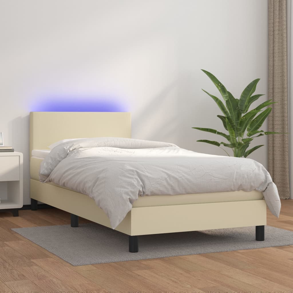 Boxspring met matras en LED kunstleer crèmekleurig 100x200 cm is nu te koop bij PeponiXL, paradijselijk wonen!