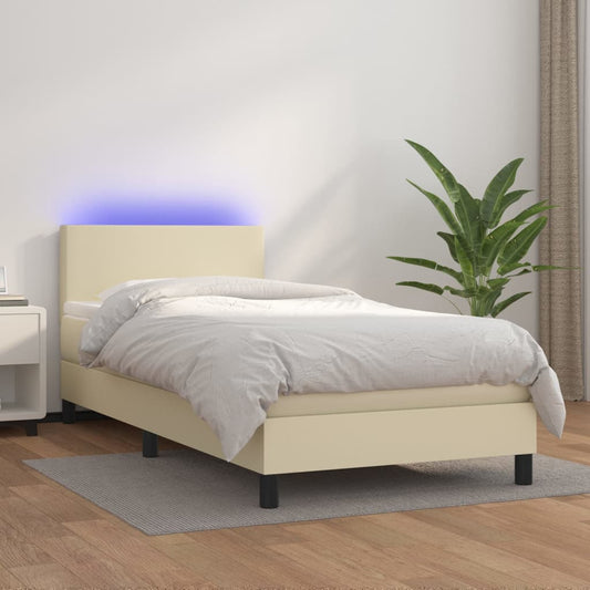 Boxspring met matras en LED kunstleer crèmekleurig 100x200 cm is nu te koop bij PeponiXL, paradijselijk wonen!