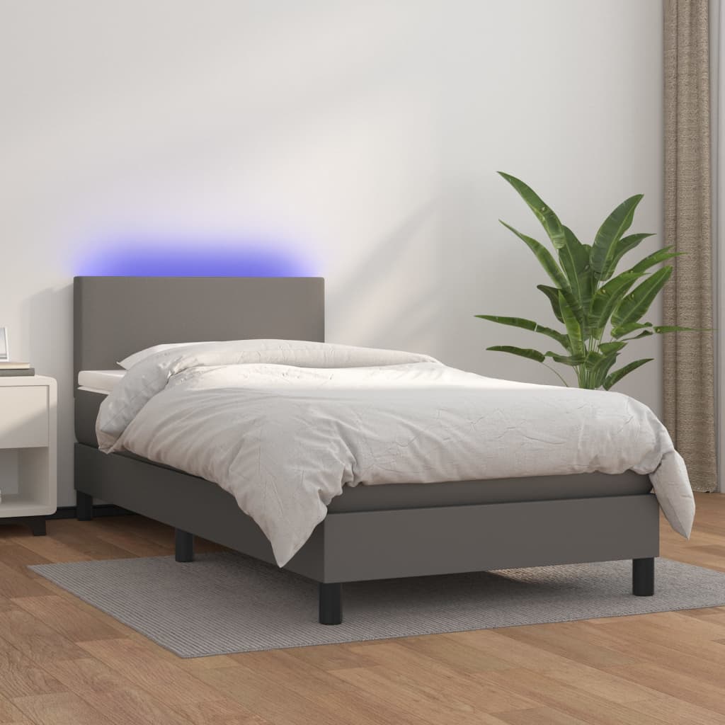 Boxspring met matras en LED kunstleer grijs 100x200 cm is nu te koop bij PeponiXL, paradijselijk wonen!