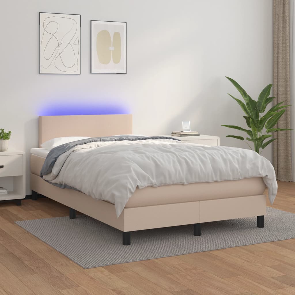 Boxspring met matras en LED kunstleer cappuccinokleur 120x200cm is nu te koop bij PeponiXL, paradijselijk wonen!