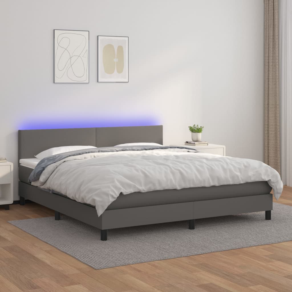Boxspring met matras en LED kunstleer grijs 160x200 cm is nu te koop bij PeponiXL, paradijselijk wonen!