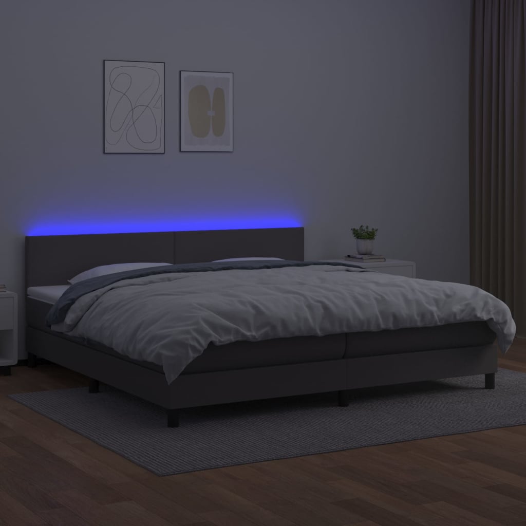 Boxspring met matras en LED kunstleer grijs 200x200 cm is nu te koop bij PeponiXL, paradijselijk wonen!