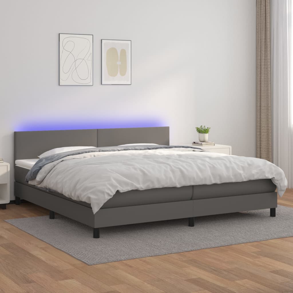 Boxspring met matras en LED kunstleer grijs 200x200 cm is nu te koop bij PeponiXL, paradijselijk wonen!