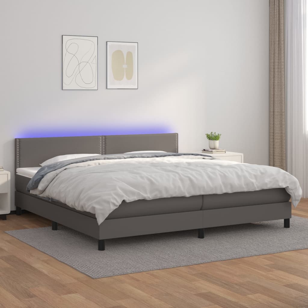 Boxspring met matras en LED kunstleer grijs 200x200 cm is nu te koop bij PeponiXL, paradijselijk wonen!