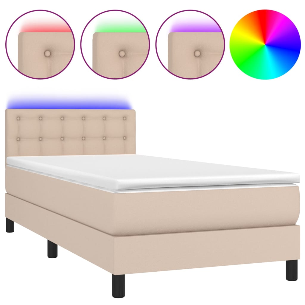 Boxspring met matras en LED kunstleer cappuccinokleur 80x200 cm is nu te koop bij PeponiXL, paradijselijk wonen!