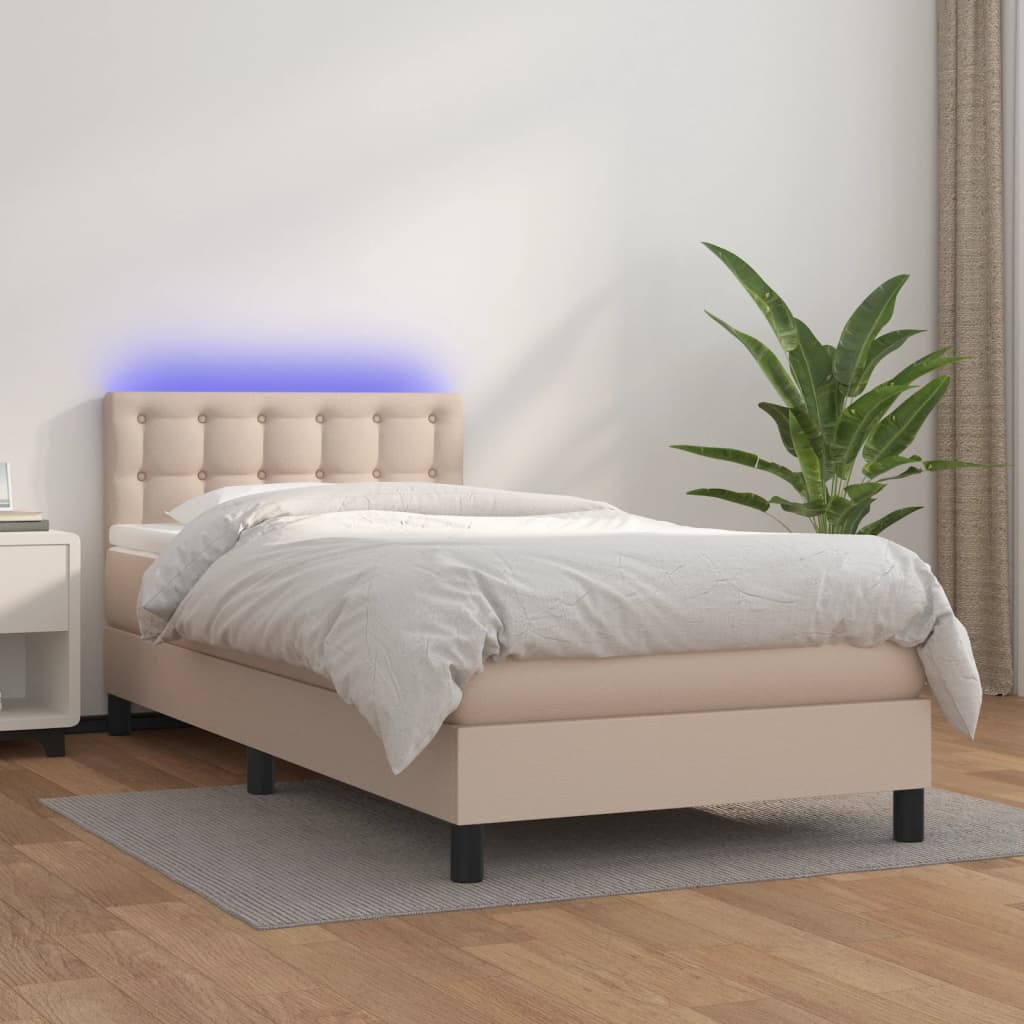 Boxspring met matras en LED kunstleer cappuccinokleur 80x200 cm is nu te koop bij PeponiXL, paradijselijk wonen!