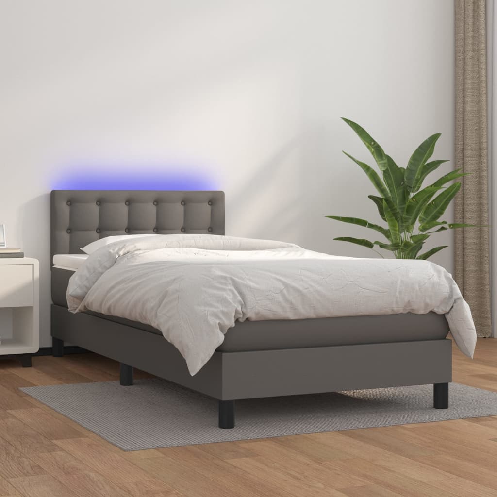 Boxspring met matras en LED kunstleer grijs 90x190 cm is nu te koop bij PeponiXL, paradijselijk wonen!