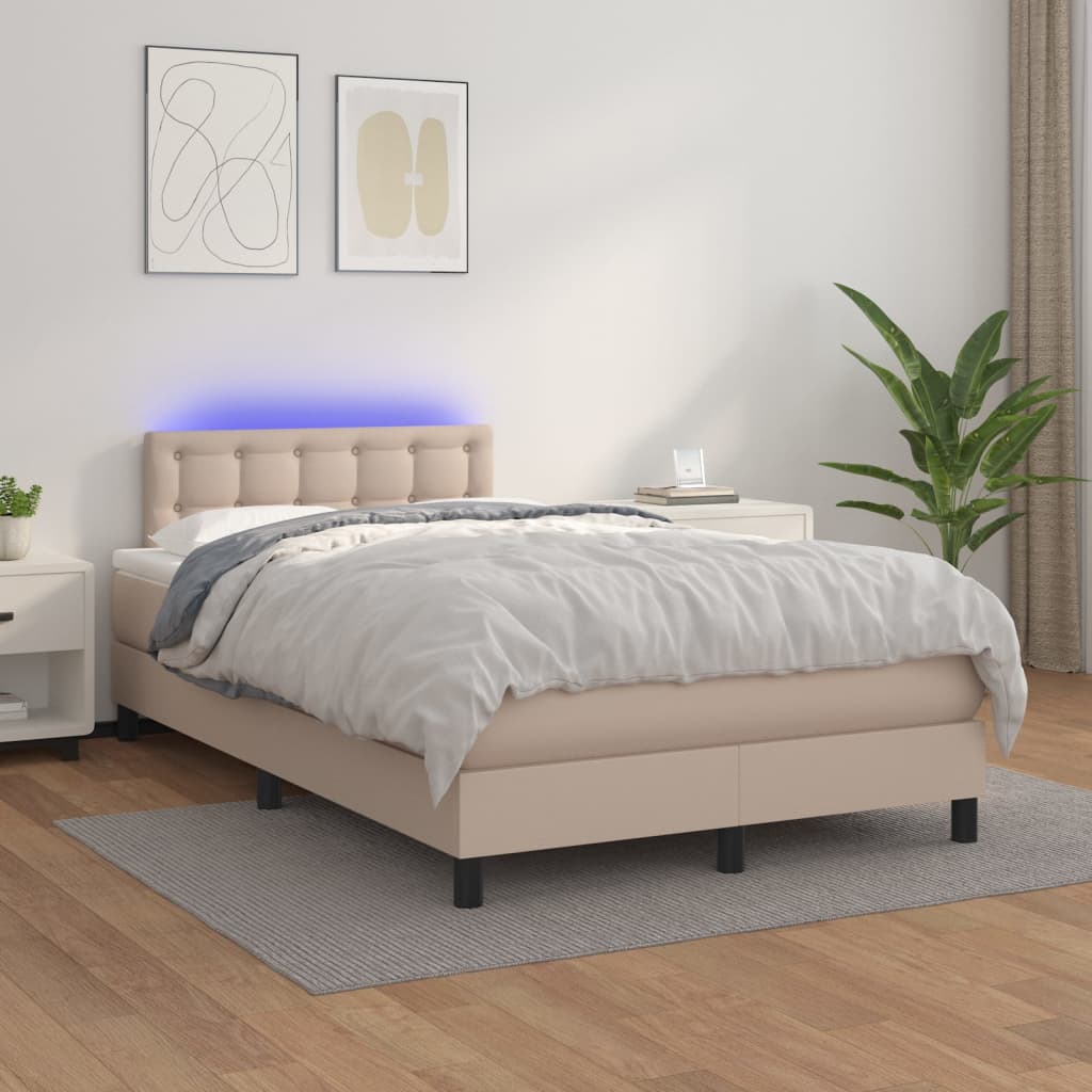 Boxspring met matras en LED kunstleer cappuccinokleur 120x200cm is nu te koop bij PeponiXL, paradijselijk wonen!