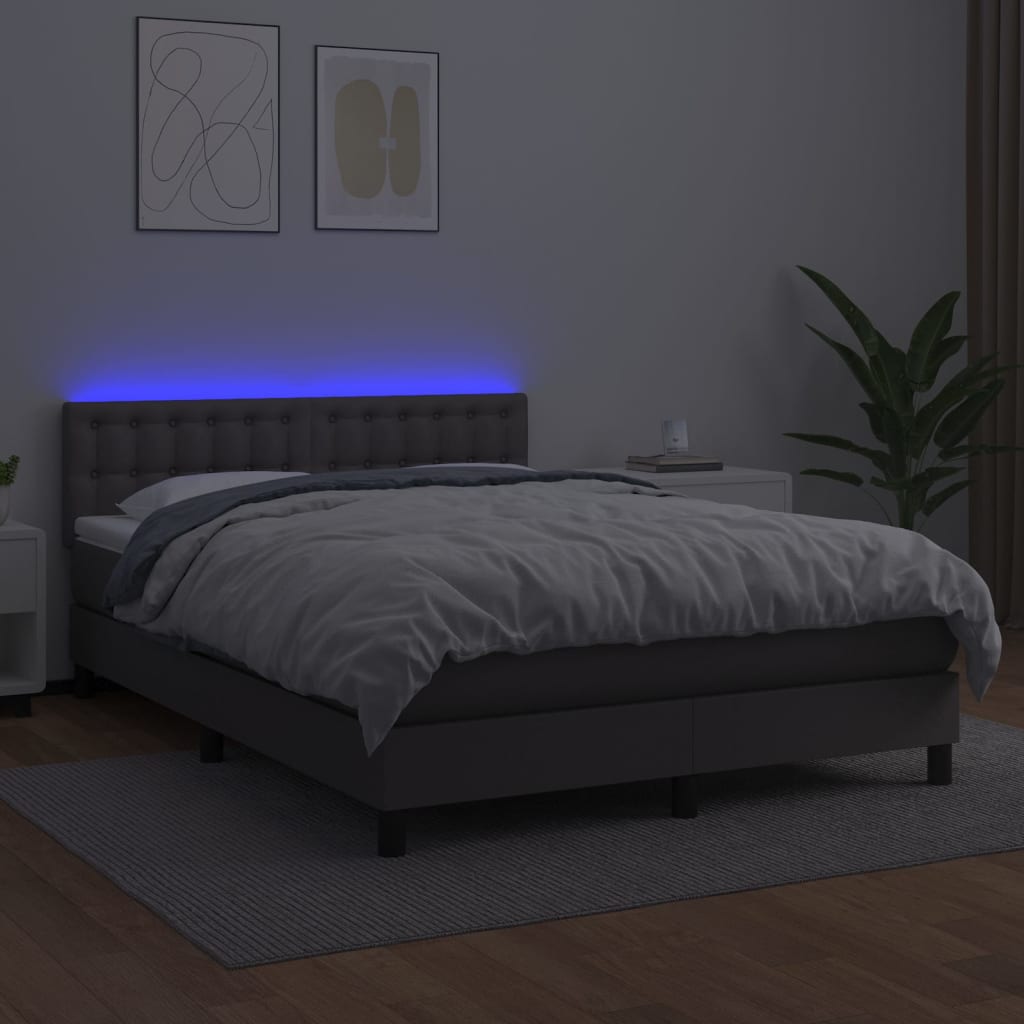 Boxspring met matras en LED kunstleer grijs 140x190 cm is nu te koop bij PeponiXL, paradijselijk wonen!