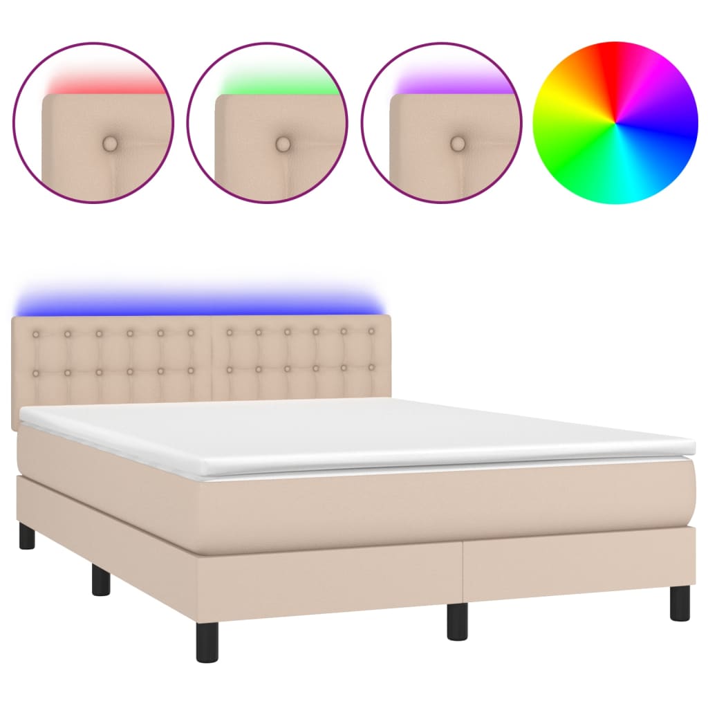 Boxspring met matras en LED kunstleer cappuccinokleur 140x190cm is nu te koop bij PeponiXL, paradijselijk wonen!