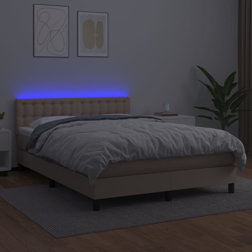 Boxspring met matras en LED kunstleer cappuccinokleur 140x190cm is nu te koop bij PeponiXL, paradijselijk wonen!