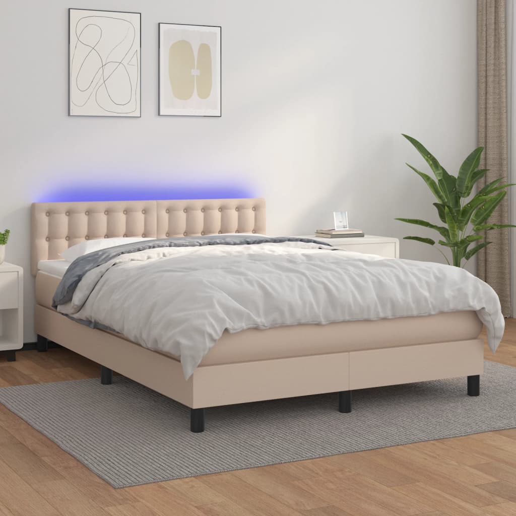 Boxspring met matras en LED kunstleer cappuccinokleur 140x190cm is nu te koop bij PeponiXL, paradijselijk wonen!