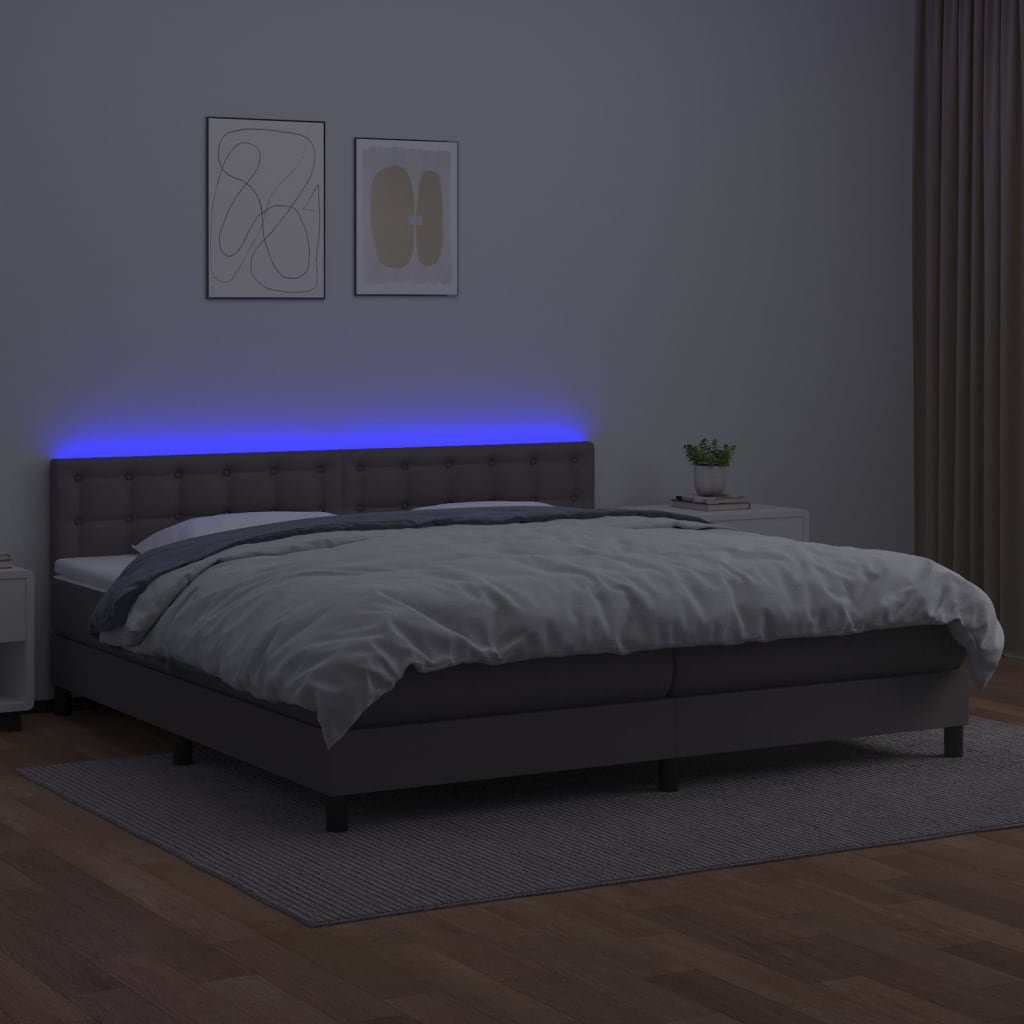 Boxspring met matras en LED kunstleer grijs 200x200 cm is nu te koop bij PeponiXL, paradijselijk wonen!