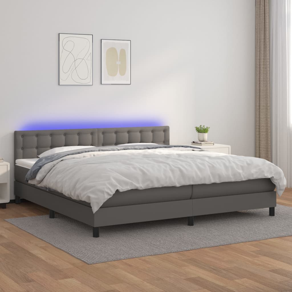 Boxspring met matras en LED kunstleer grijs 200x200 cm is nu te koop bij PeponiXL, paradijselijk wonen!