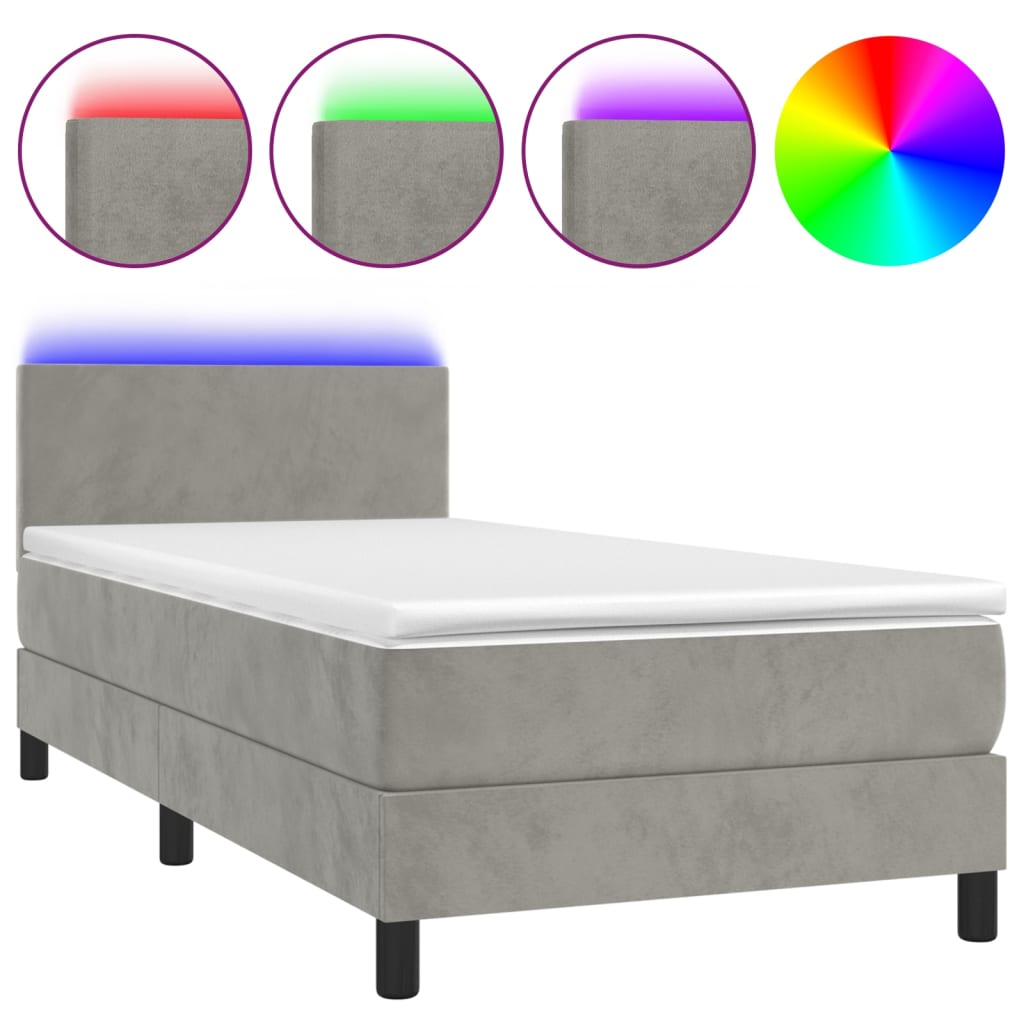 Boxspring met matras en LED fluweel lichtgrijs 90x190 cm is nu te koop bij PeponiXL, paradijselijk wonen!