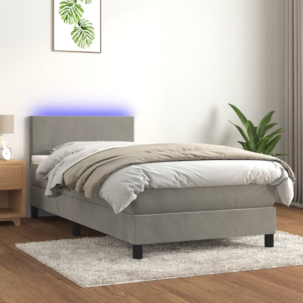 Boxspring met matras en LED fluweel lichtgrijs 90x190 cm is nu te koop bij PeponiXL, paradijselijk wonen!