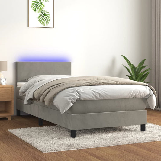 Boxspring met matras en LED fluweel lichtgrijs 90x190 cm is nu te koop bij PeponiXL, paradijselijk wonen!