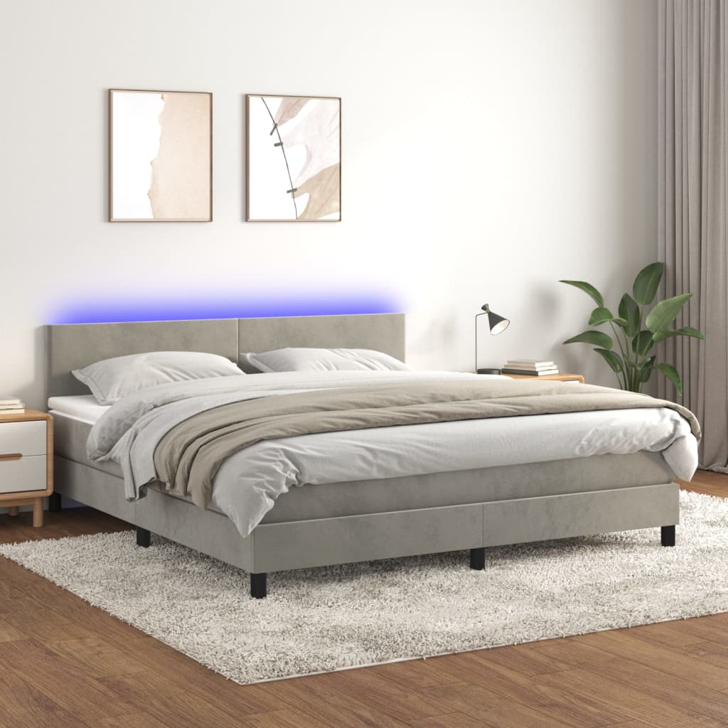 Boxspring met matras en LED fluweel lichtgrijs 160x200 cm is nu te koop bij PeponiXL, paradijselijk wonen!