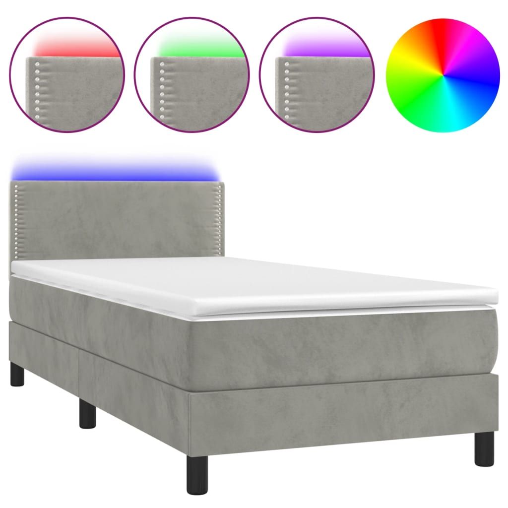 Boxspring met matras en LED fluweel lichtgrijs 90x200 cm is nu te koop bij PeponiXL, paradijselijk wonen!