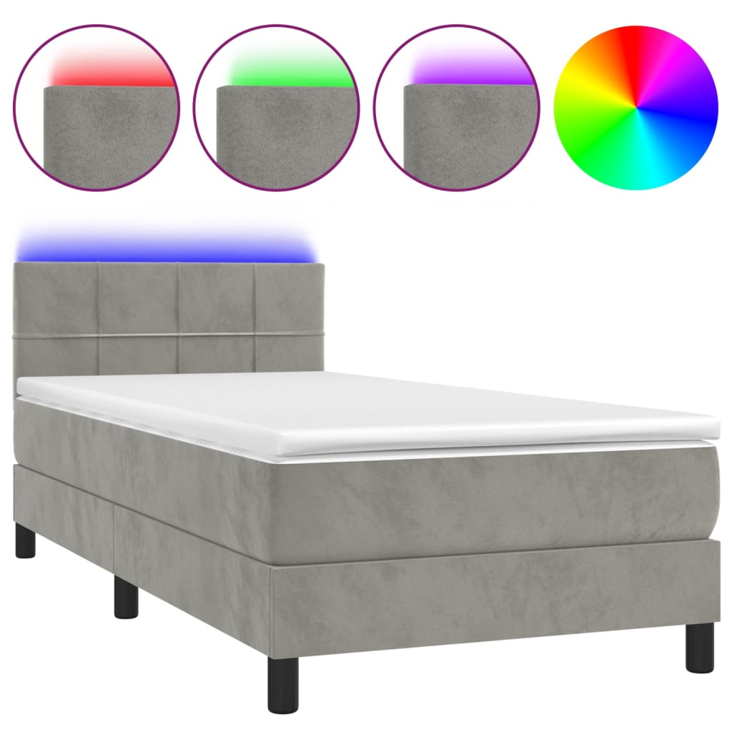 Boxspring met matras en LED fluweel lichtgrijs 90x190 cm is nu te koop bij PeponiXL, paradijselijk wonen!