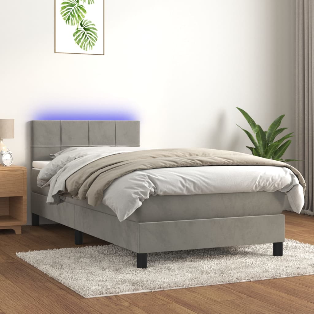 Boxspring met matras en LED fluweel lichtgrijs 90x200 cm is nu te koop bij PeponiXL, paradijselijk wonen!