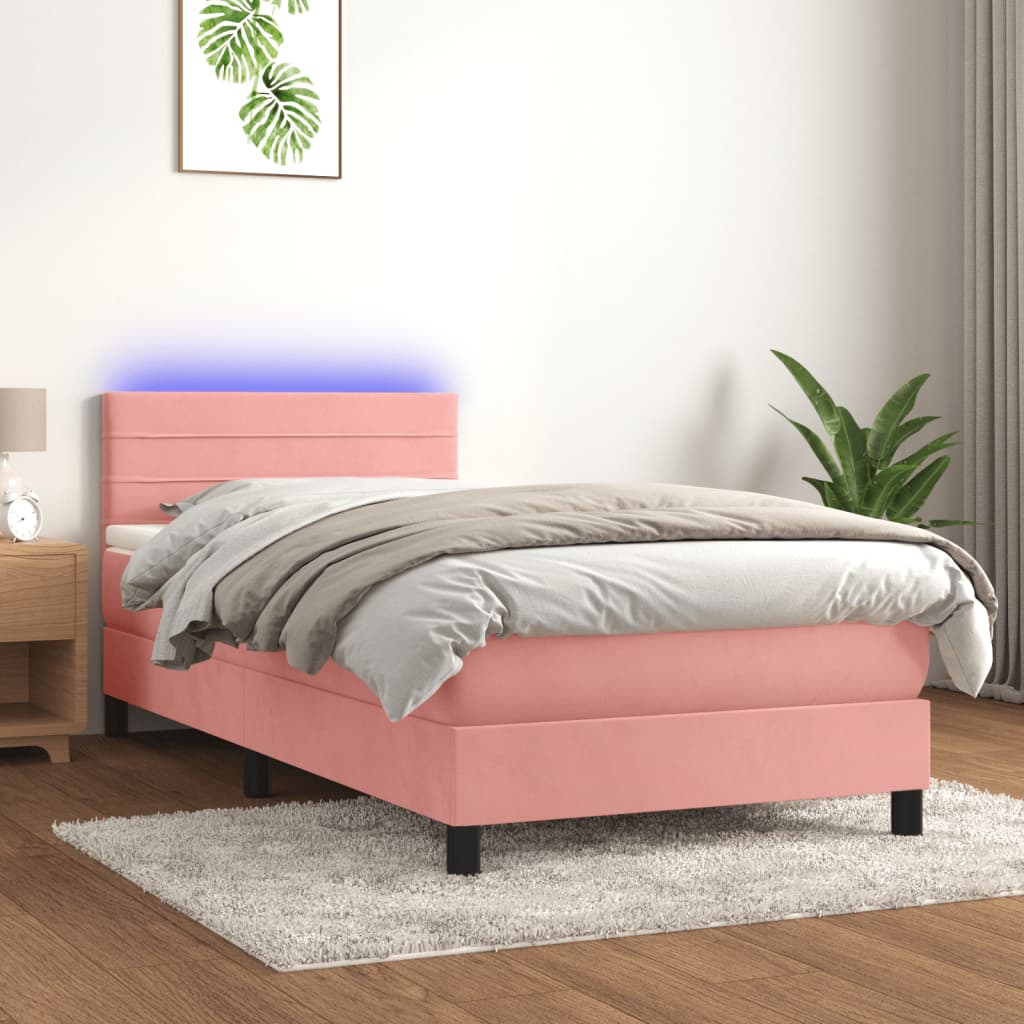 Boxspring met matras en LED fluweel roze 90x200 cm is nu te koop bij PeponiXL, paradijselijk wonen!