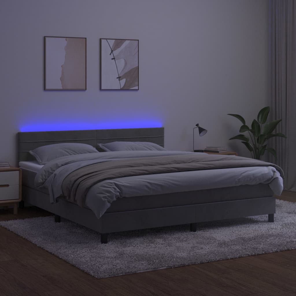 Boxspring met matras en LED fluweel lichtgrijs 160x200 cm is nu te koop bij PeponiXL, paradijselijk wonen!