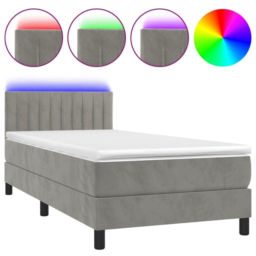 Boxspring met matras en LED fluweel lichtgrijs 90x200 cm is nu te koop bij PeponiXL, paradijselijk wonen!