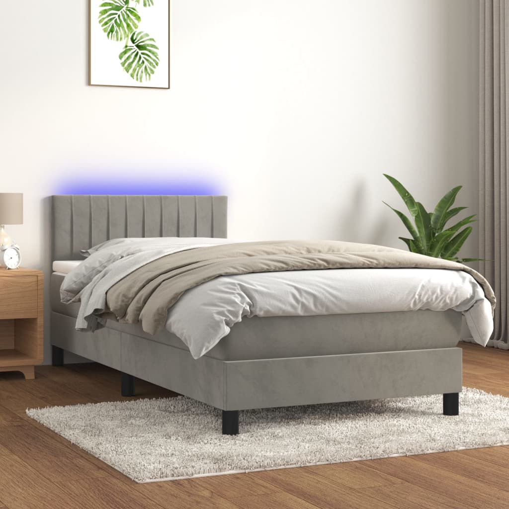 Boxspring met matras en LED fluweel lichtgrijs 90x200 cm is nu te koop bij PeponiXL, paradijselijk wonen!