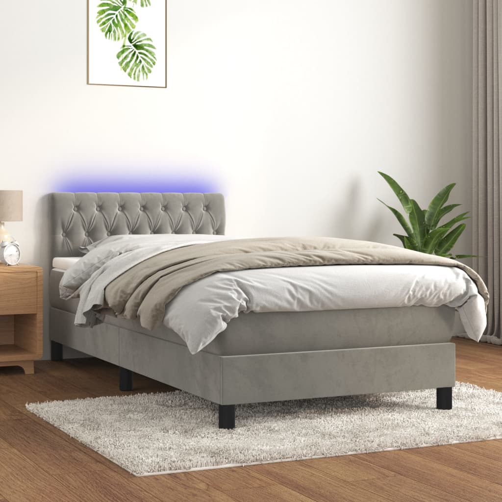Boxspring met matras en LED fluweel lichtgrijs 90x190 cm is nu te koop bij PeponiXL, paradijselijk wonen!