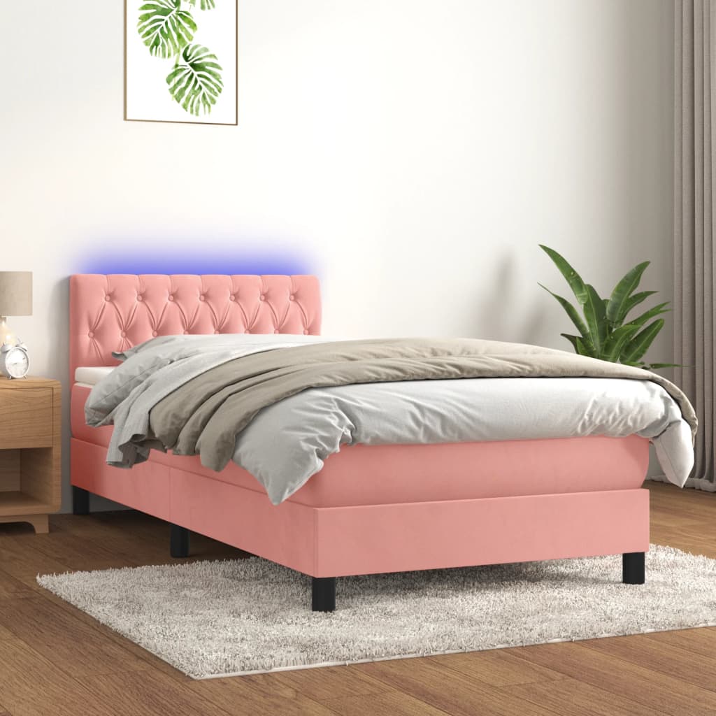 Boxspring met matras en LED fluweel roze 90x190 cm is nu te koop bij PeponiXL, paradijselijk wonen!