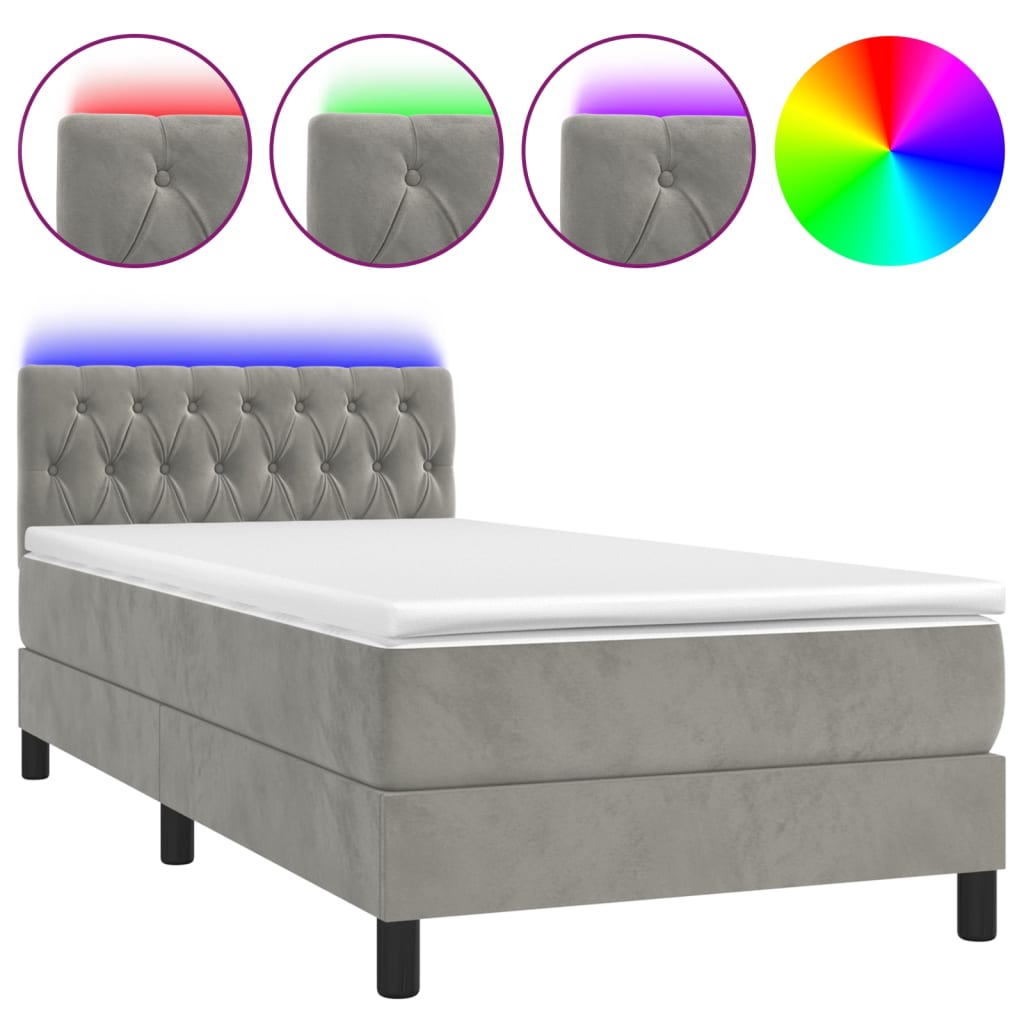 Boxspring met matras en LED fluweel lichtgrijs 90x200 cm is nu te koop bij PeponiXL, paradijselijk wonen!