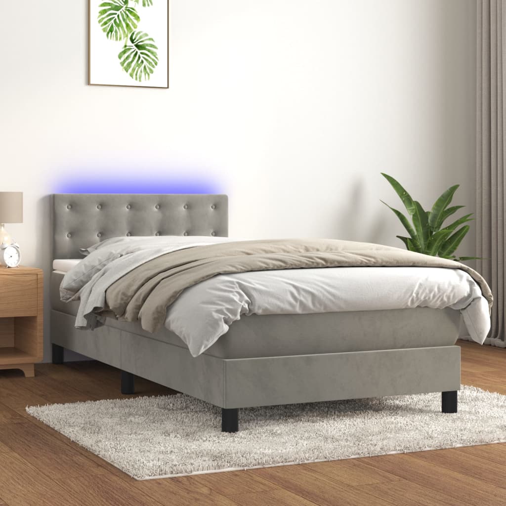 Boxspring met matras en LED fluweel lichtgrijs 90x190 cm is nu te koop bij PeponiXL, paradijselijk wonen!