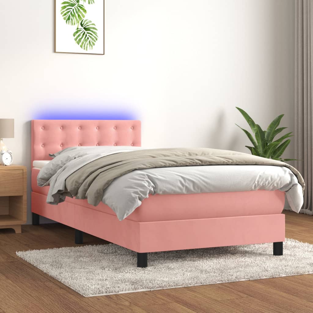 Boxspring met matras en LED fluweel roze 90x190 cm is nu te koop bij PeponiXL, paradijselijk wonen!