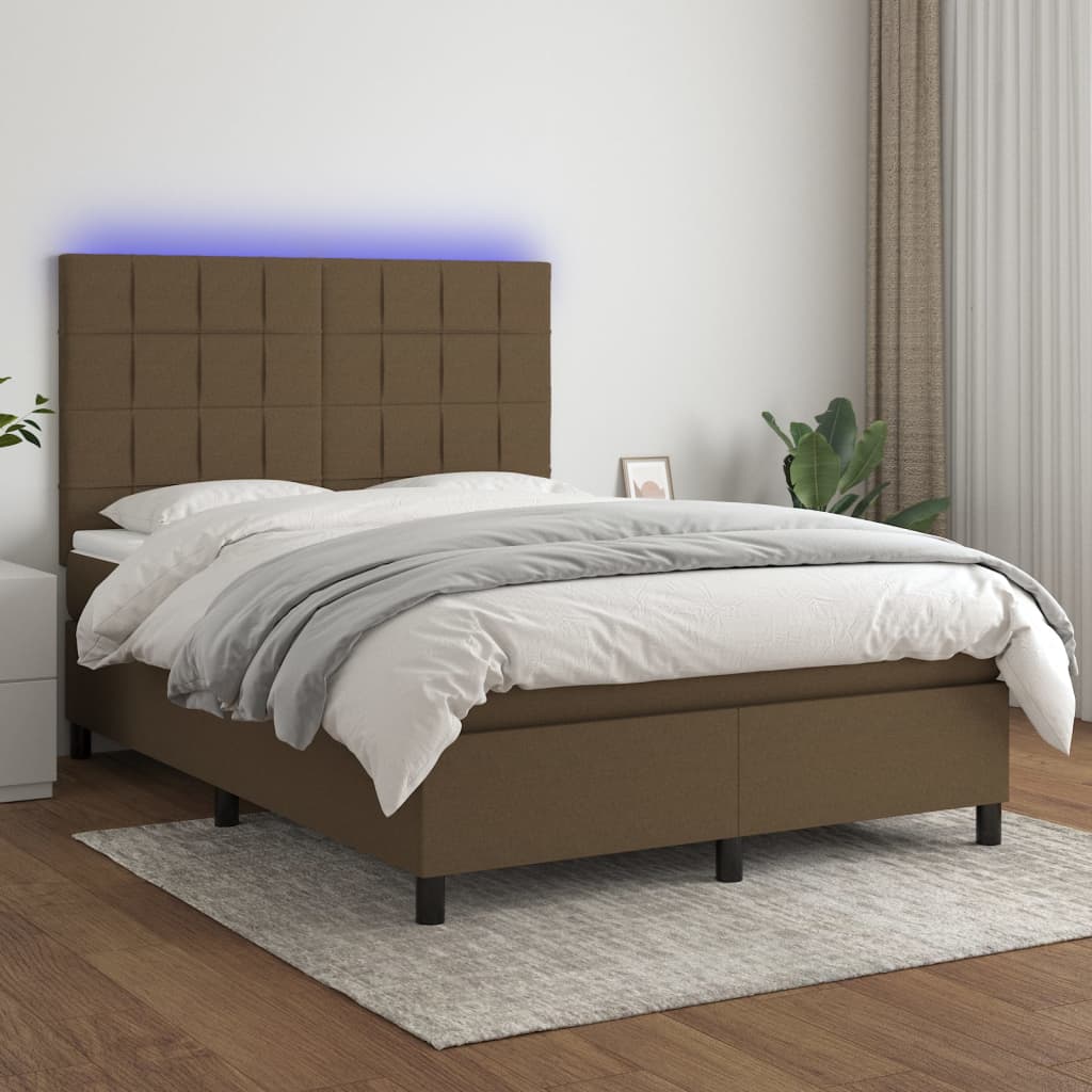 Boxspring met matras en LED stof donkerbruin 140x200 cm is nu te koop bij PeponiXL, paradijselijk wonen!