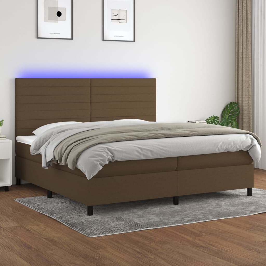 Boxspring met matras en LED stof donkerbruin 200x200 cm is nu te koop bij PeponiXL, paradijselijk wonen!